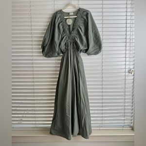 From Paris NWT One Size Boho V-Neck Puff Sleeve Maxi Dress - Sage Green, Cotton